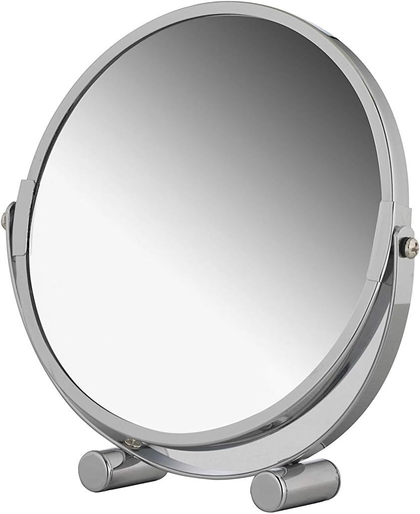 axentia Free Standing Swivel Magnifying Mirror, Portable Chromed Metal Cosmetic Vanity Mirror with up to 3x Magnification, Round Double-sided Make Up Mirror, Table Rotating Bathroom Shaving Mirror, Diameter approx. 17 cm, Silver