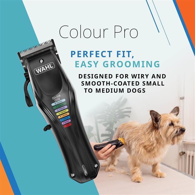 WAHL Animal Color Pro, Wiederaufladbare Tierschermaschine, Schermaschinen mit farbcodierten Aufsteckkämmen, Vollhaarpflege für Hunde, geräuscharm, Netz Akkubetriebene Schermaschinen für Hunde, schwarz