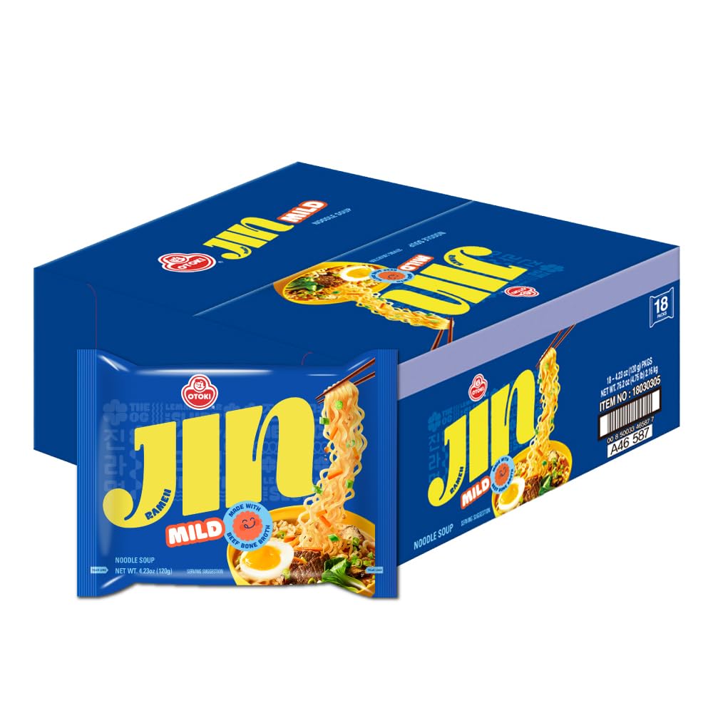 OTOKI Jin Ramen Mild Korean Instant Ramen, 13-Hour Simmered Beef Bone Broth, Mild Savory Flavor, Ready in 4 Minutes, 4.23 oz (Pack of 18)