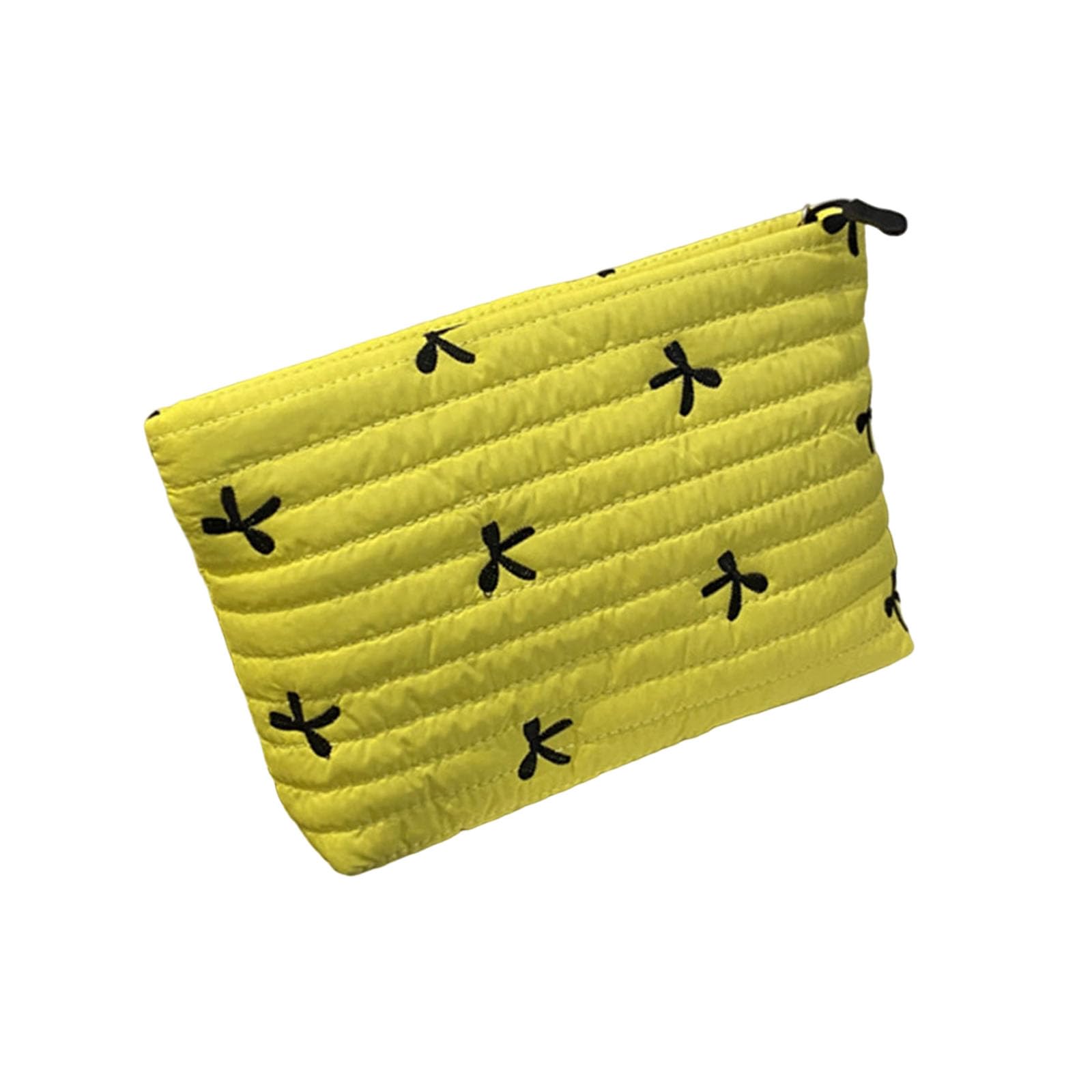 Kalttoy Yellow Stylish Zippered Makeup Case Embroidered Bowknot Detailing Ample Storage Makeup Pouches For Cosmetics And Accessories Quilted Cosmetic Organizers