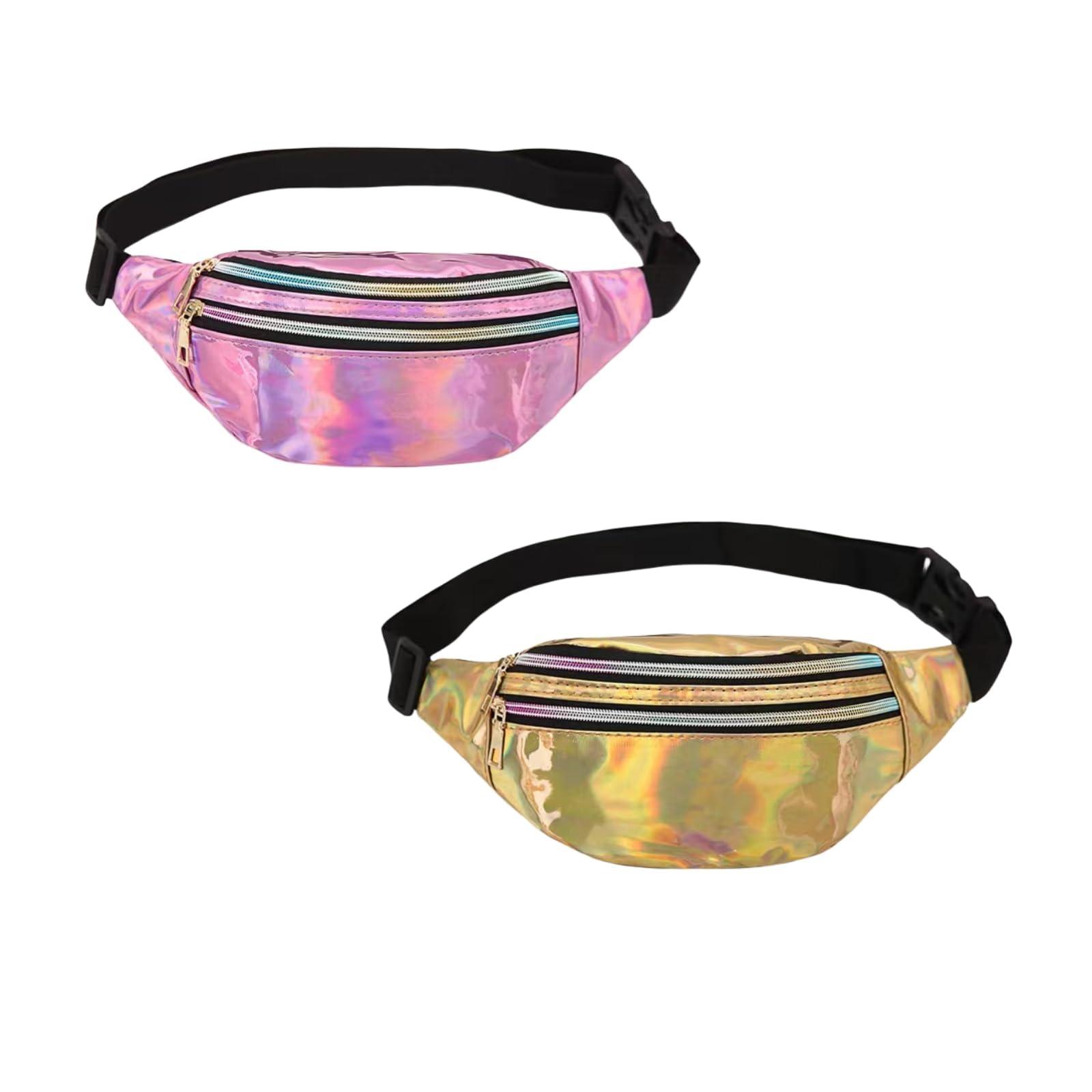 Kirgizta 2 Piezas Riñonera Niña Deportiva Impermeable Cuero PU Riñonera Años 80 Riñonera Holográfica Brillante con 2 Bolsillos Cremallera Correa Ajustable para Viaje Correr Ciclismo (Rosa+Oro)