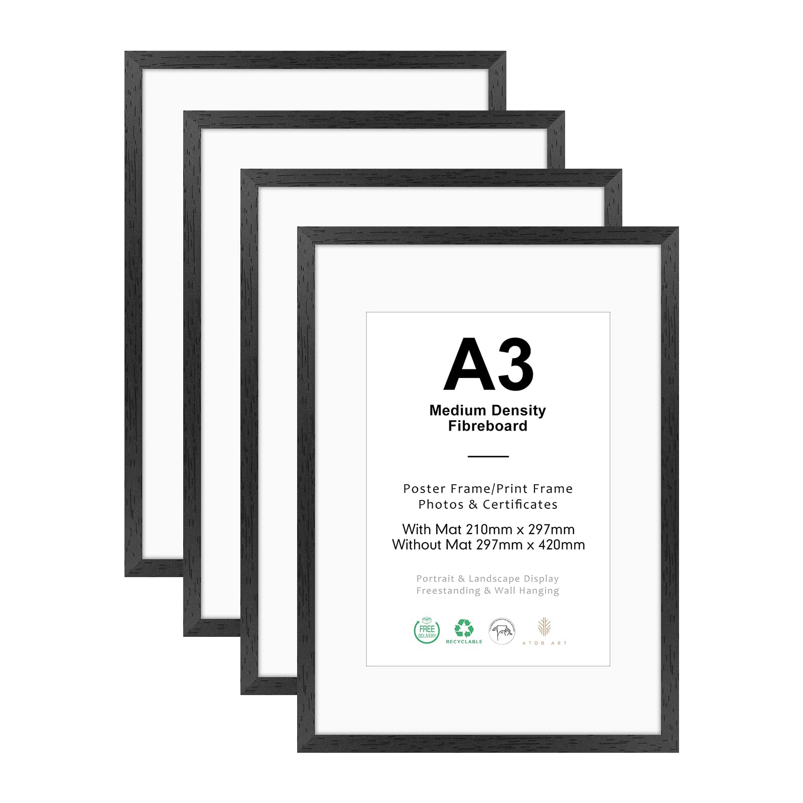 ATOBART 4er Pack Bilderrahmen A3 MDF Schwarz, 29.7x42cm | Picture Frame Holz Natur für Fotos, Bilder, Poster