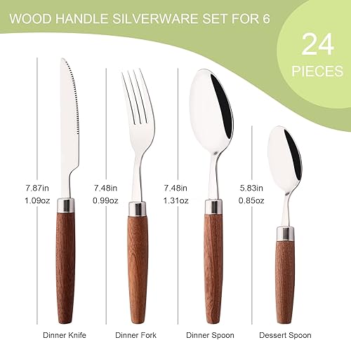Miniatura 2 de Juego de cubiertos 188 con asas de madera, cuchillo para carne y tenedor, cucharadita, juego de cubiertos reutilizables para el hogar, cocina,