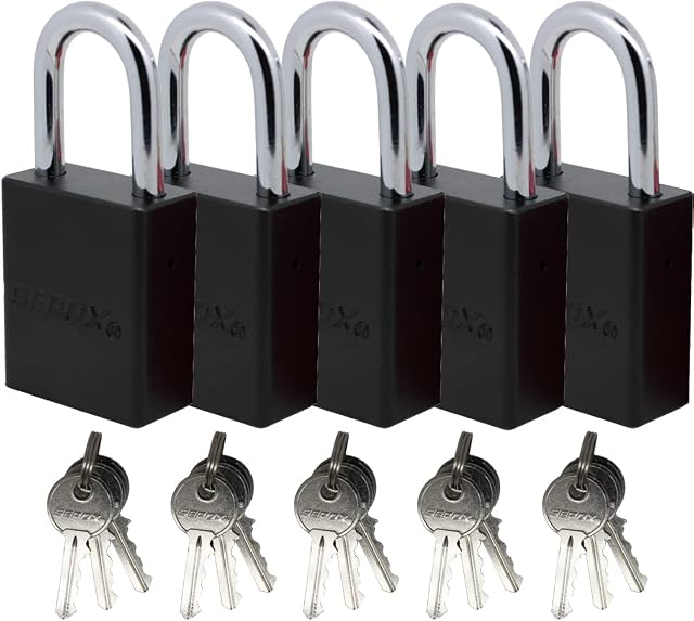 SEPOX Keyed Alike Padlocks Aluminum Outdoor Long Shackle Padlock for Indoor Locks with Key Pack of 5 Black 1-1/2"(38mm)