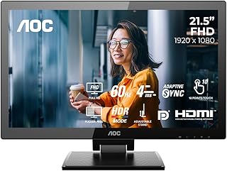 AOC 22P2T 21.5" FHD VA Touch Monitor, 10-Point Capacitive Touchscreen, 75Hz, HDMI/DP/DVI Ports, USB 3.2 Fast Charge, HDR Mode, Built-in Speakers, IP65 Water & Dustproof, Eye Care, Z-Stand