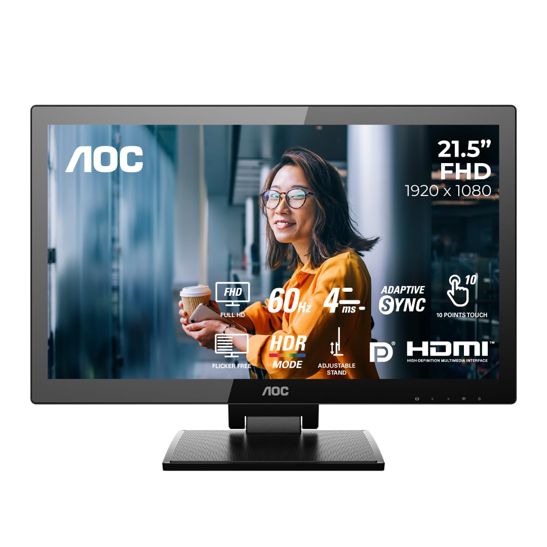 AOC 22P2T monitor with a person using it, highlighting its all-in-one HDR touch display features.