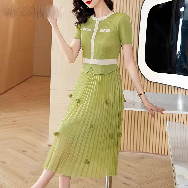 Robe vintage patchwork unique avec manches courtes et col rond doux