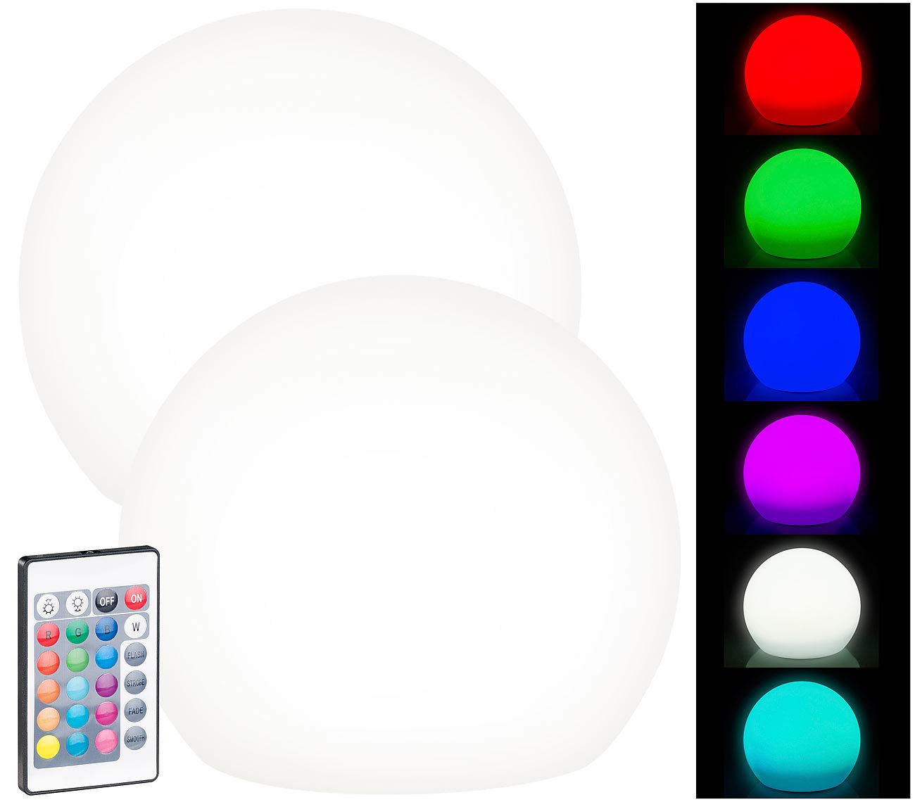 Lunartec Solarkugel Garten: 2er-Set Solar-LED-Leuchtkugel mit Fernbedienung, 60 Lumen,IP67,Ø20cm (Solarkugel mit Fernbedienung, LED Solarkugeln Garten, RGBW)