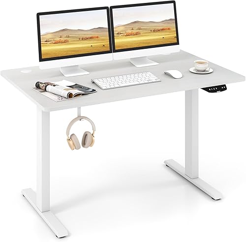 Tangkula Escritorio eléctrico de pie con motor doble, 48 x 30 pulgadas, altura ajustable, estación de trabajo para computadora con controlador de