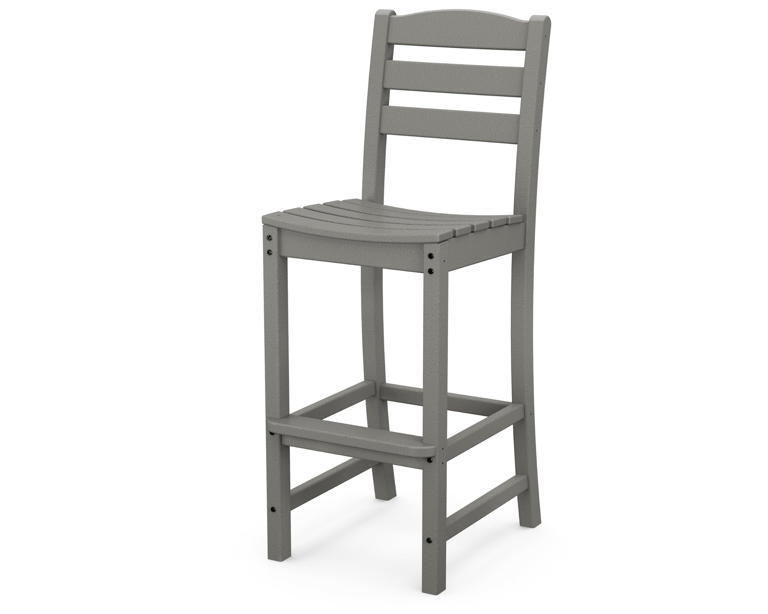POLYWOOD La Casa Café Bar Side Chair in Slate Grey, shown outdoors with a cushion, next to a body of water.