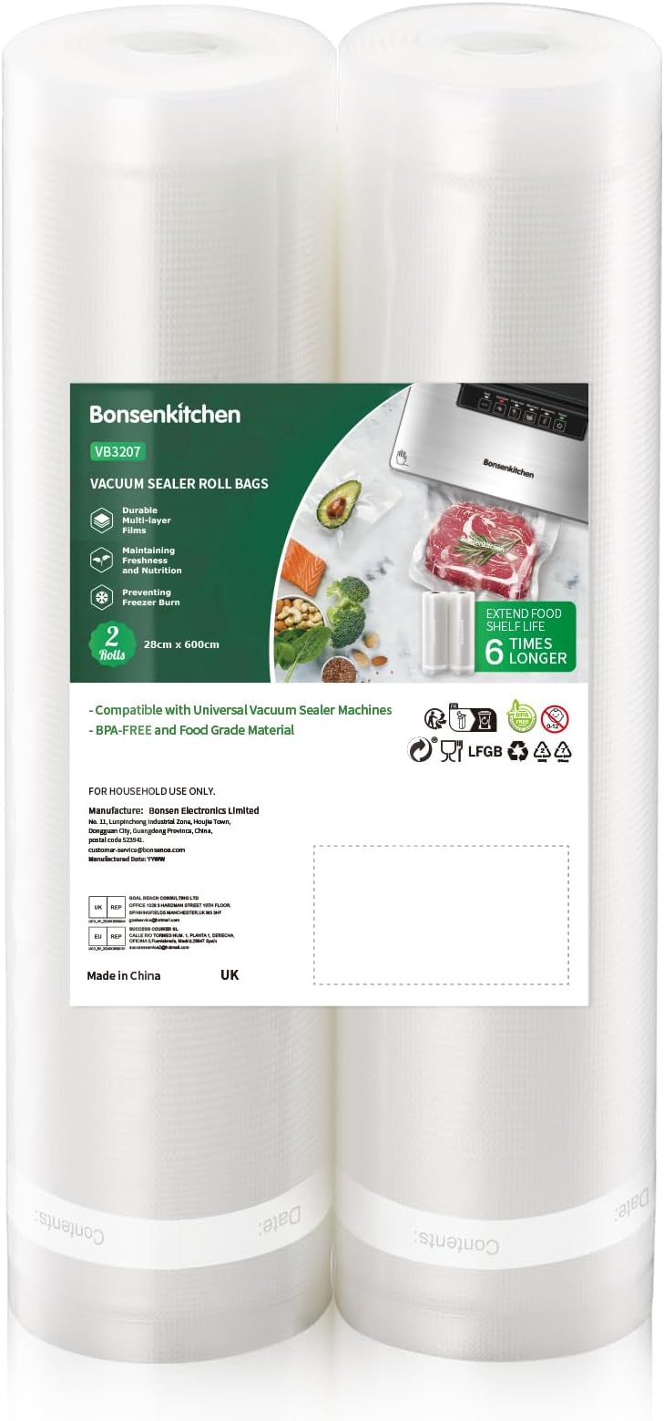 Bonsenkitchen Vacuum Sealer Rolls Bags, 2 Packs 28 cm x 600 cm Storage Bags (Total 12 m), BPA Free, Durable Commercial Customized Size for Food Storage and Sous Vide Cooking (VB3207)
