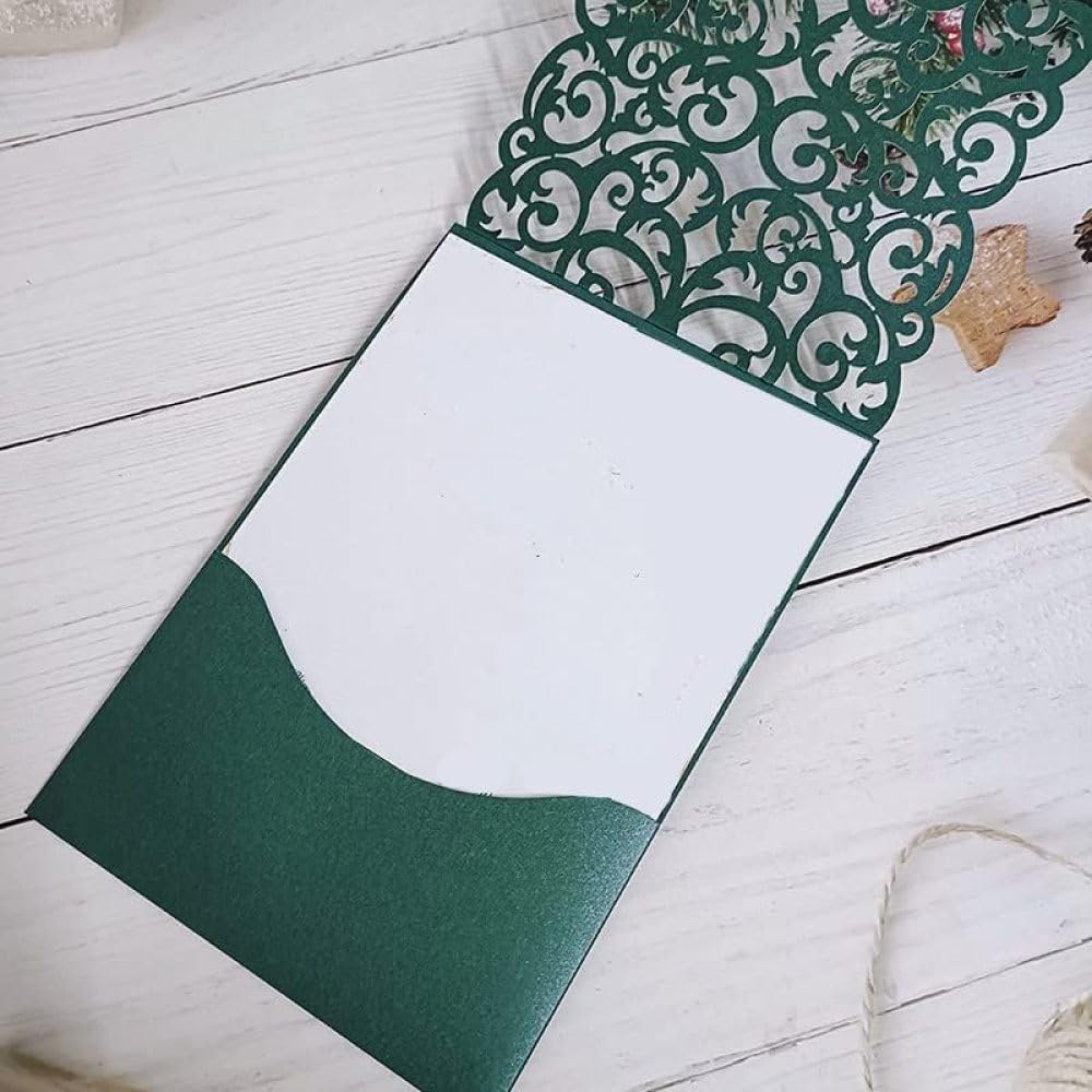 50 Set Scheda di invito Verde Tasca Smeraldo con Perla e Busta Fai -da -Te Stampa Personalizzata Taglio Glossy Dolce 15 inviti (Set Intero)
