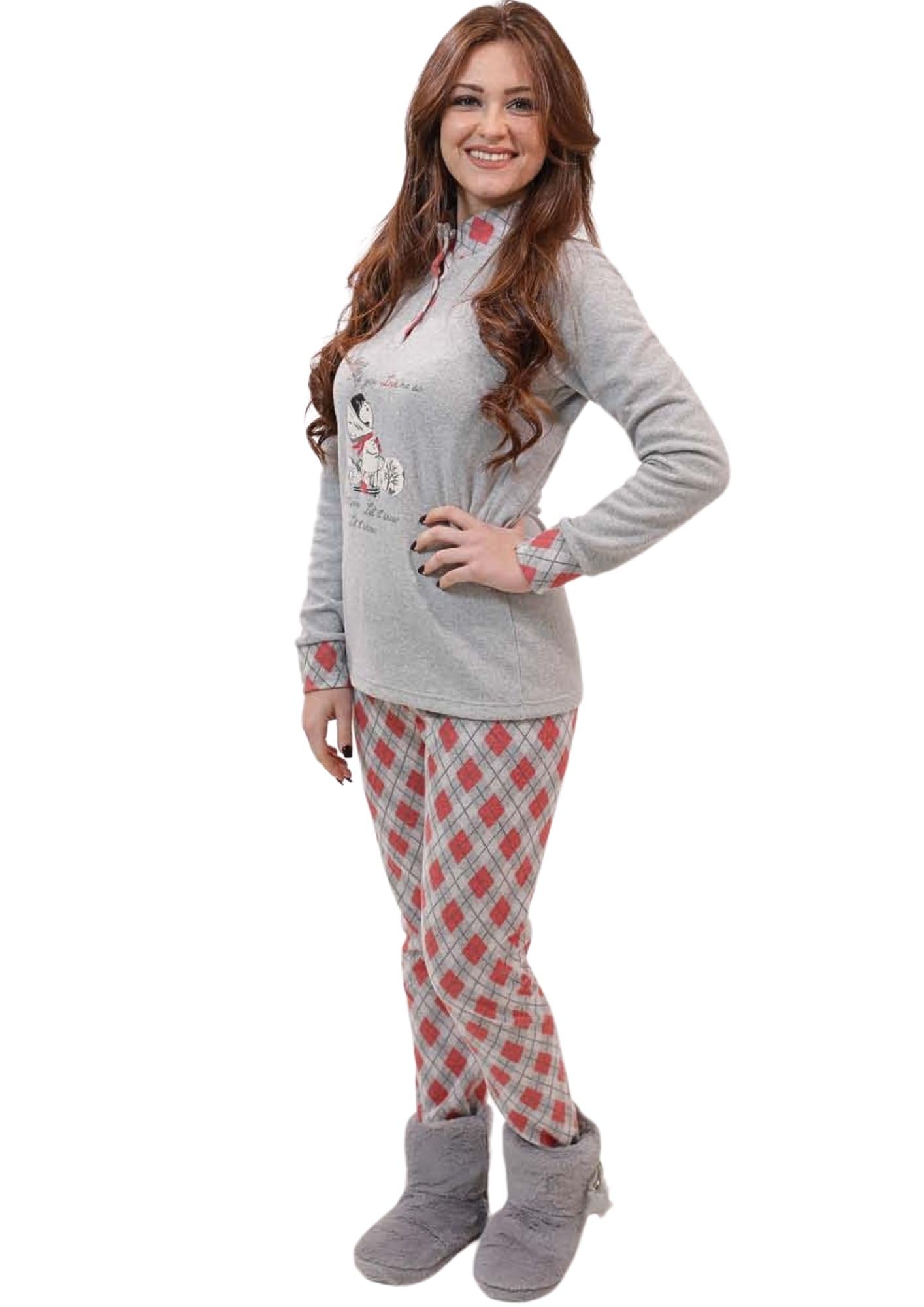 Leo Corsetteria Pyjama pour femme polaire chaude jeune hiver col haut avec boutons avec poignets fantaisie skieuse neige losanges