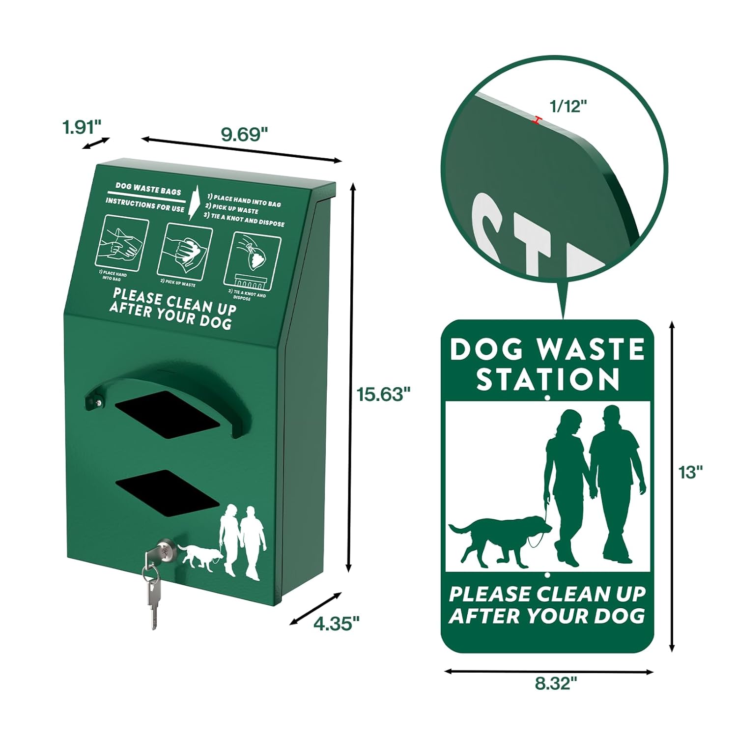 Aluminum Outdoor Dog Bag Dispenser with Pick Up After Your Dog Sign - Wall Mounted Poop Bag Dispenser for Pet Waste -Included Lock and Mounting Hardware