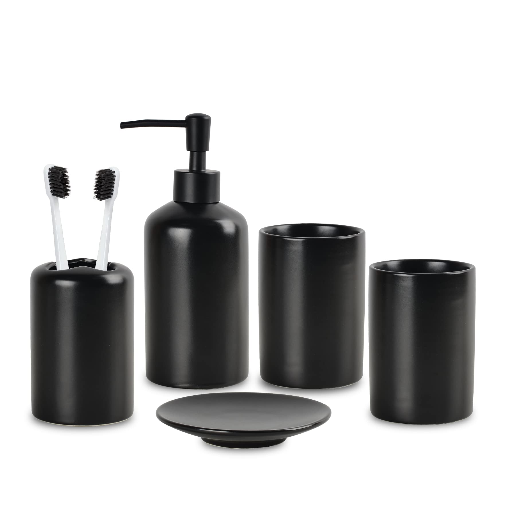 Ceramic Bathroom Accessories Set, Black Ceramic Bathroom Accessory Set Complete, Washing Set of 2 Gargle Cups, Soap Dish, Lotion Dispenser, Bathroom Countertop Decor - SAIURE