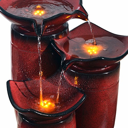 Teamson Home 3 Tiered Floor Water Glazed Pots Fountain With Led Lights And Pump For Outdoor Patio Garden Backyard Decking Décor, 20 Inch Height, Gradient Red #TOP4