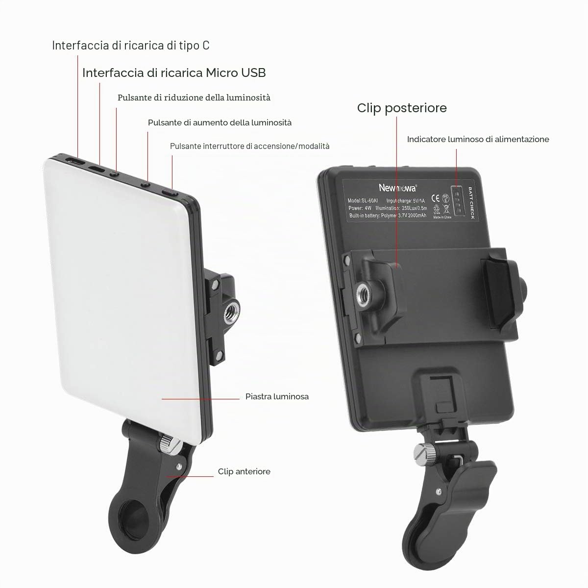 Newmowa LED 60 Professionale Luce video,Luce per Video Conferenza, 3200-5600K 3 modi luce regolati Luce portatile per Phone, iPhone, Android, iPad, Laptop