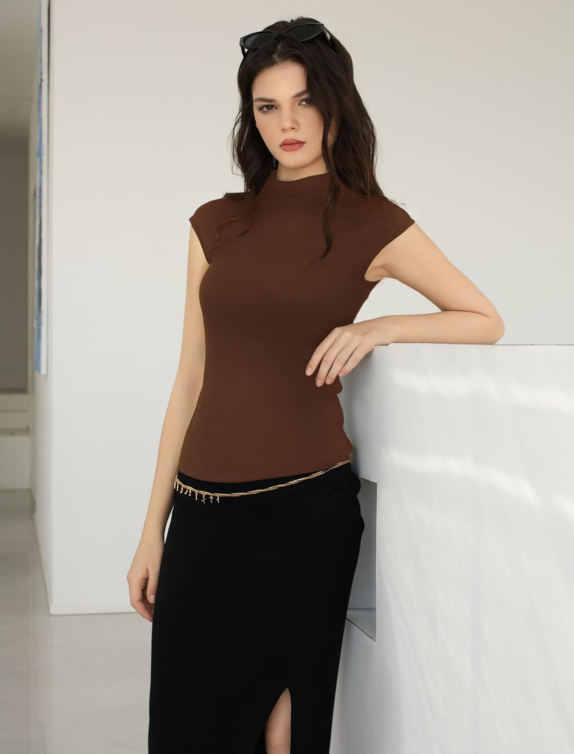 Women's Sleeveless Turtlenecks Tank Tops 2026 Slim Fitted Blouses Stretchy Basic Casual Tee Shirts, X-Large Coffee - Image 8