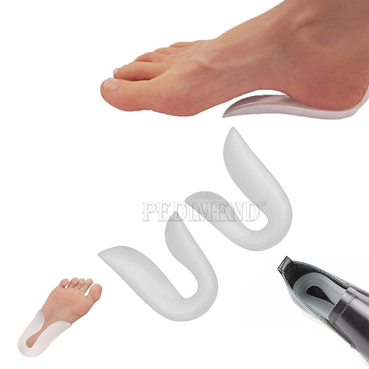 PEDIMEND Inserti di supporto per arco plantare in gel di silice a forma di U (2 paia – 4 pezzi) – morbido supporto plantare plantare – supporto ortopedico per arco plantare – allevia il dolore per