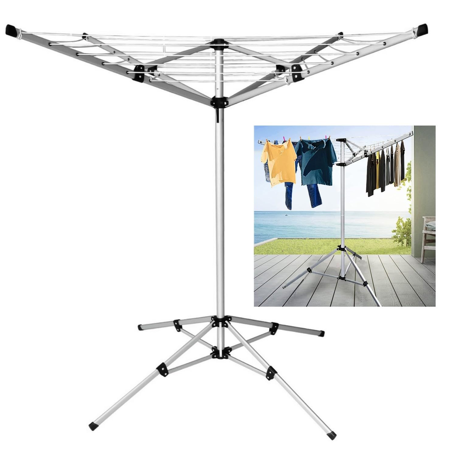 Rotary Airer 4 Arm 16M Portable Washing Line Clothes Dryer – Foldable Compact Free Standing Tripod Stand, Powder Coated Steel for Indoor Outdoor Garden Caravan Camping