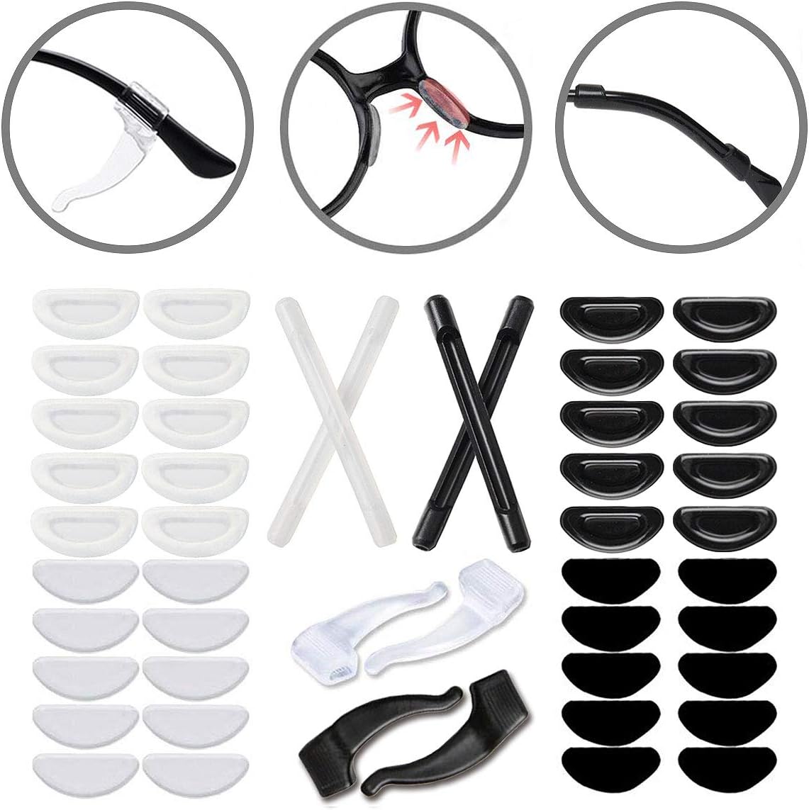 Eyeglass Nose Pads, 20 Pairs Eyeglasses Pads & Soft Silicon Adhesive Nose Pads, Anti-Slip Nose Pads for Glasses, Eyeglasses, Sunglasses (Transparent + Black, 20 Nose Pads+ 4 Eyewear Retainer)