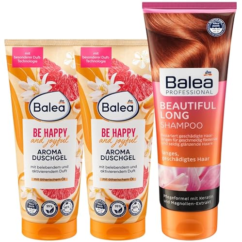 Balea 3er-Set-Körperpflege: Aroma Duschgel Be Happy fruchtig aktivierend mit ätherischem Öl, 2 x 200 ml + Professional Shampoo Beautiful Long für natürlichen Glanz & Geschmeidigkeit, 250 ml, (650 ml)