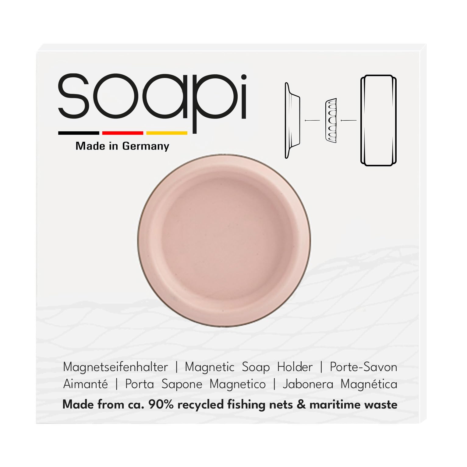 Soapi - Super Strong Magnetic Soap Holder - Wall Mounted Soap Holder - No Drilling Required - Sustainable - Made From Recycled Fishing Nets - Peach