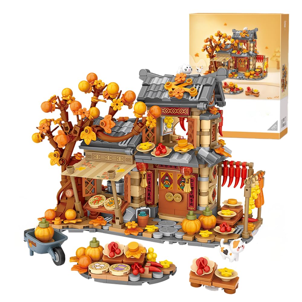 Autumn sun hut Building Block Set, Traditional Chinese Harvest Village Shop Building Set, House Building Kit with Mini Figures, Construction Building Toy for Girls and Boys, 962 PCS