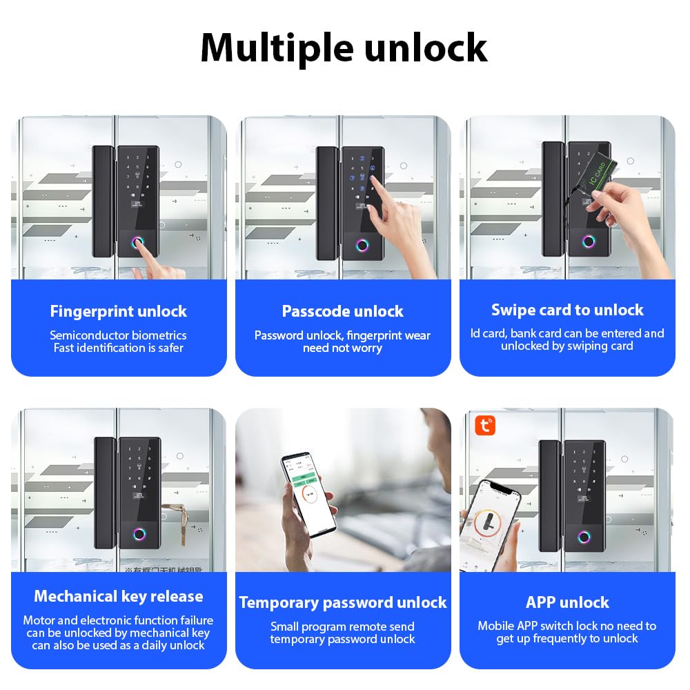 Smart Lock Cerradura de puerta de cristal WiFi Remote App TY Huella dactilar Contraseña Tarjeta IC Cerradura de puerta Intercambiable Dirección del cuerpo de cerradura para puerta de oficina o
