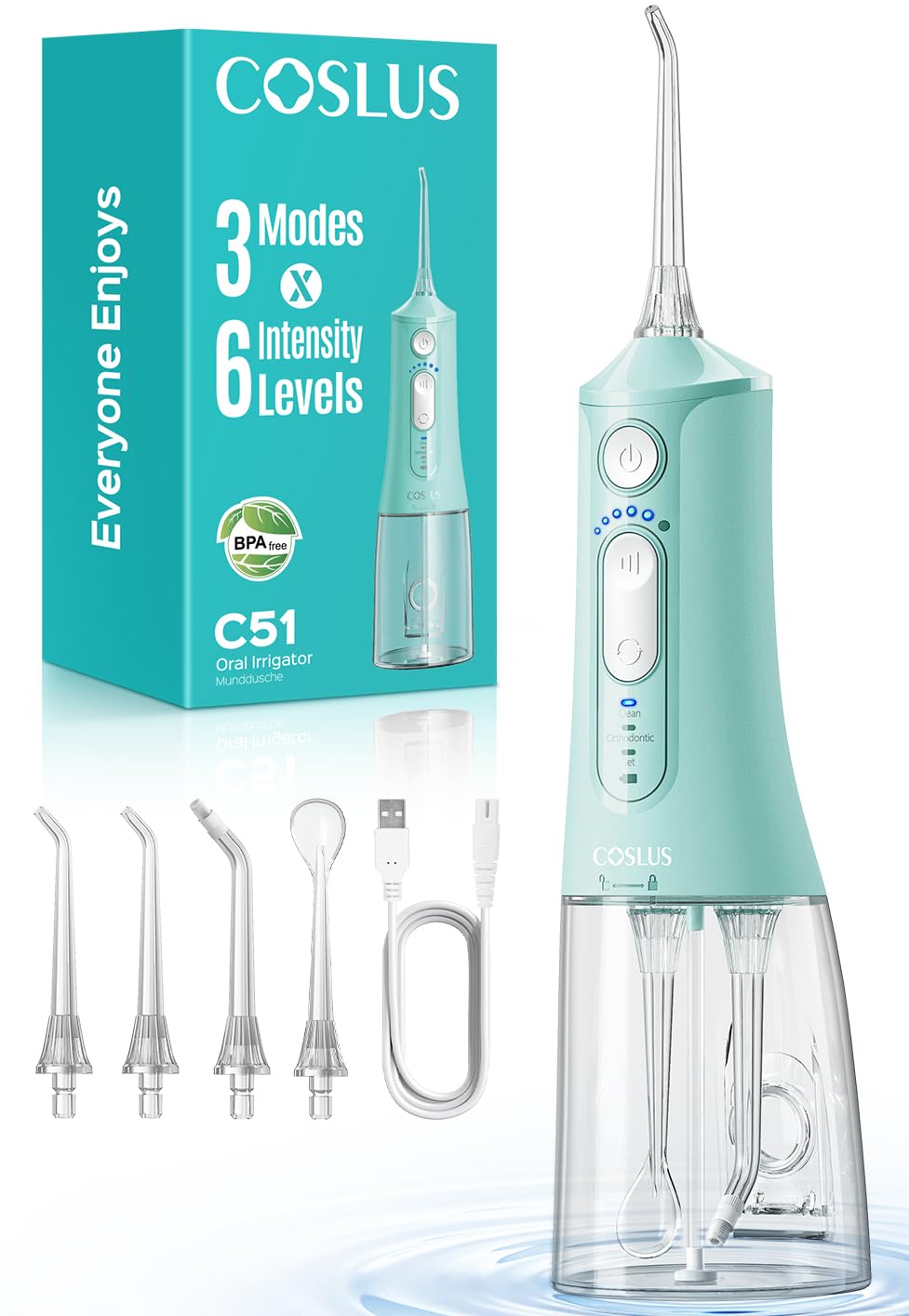 COSLUS C51, Hydropulseur sans-fil, 3 modes & 18 niveaux, vert brillant