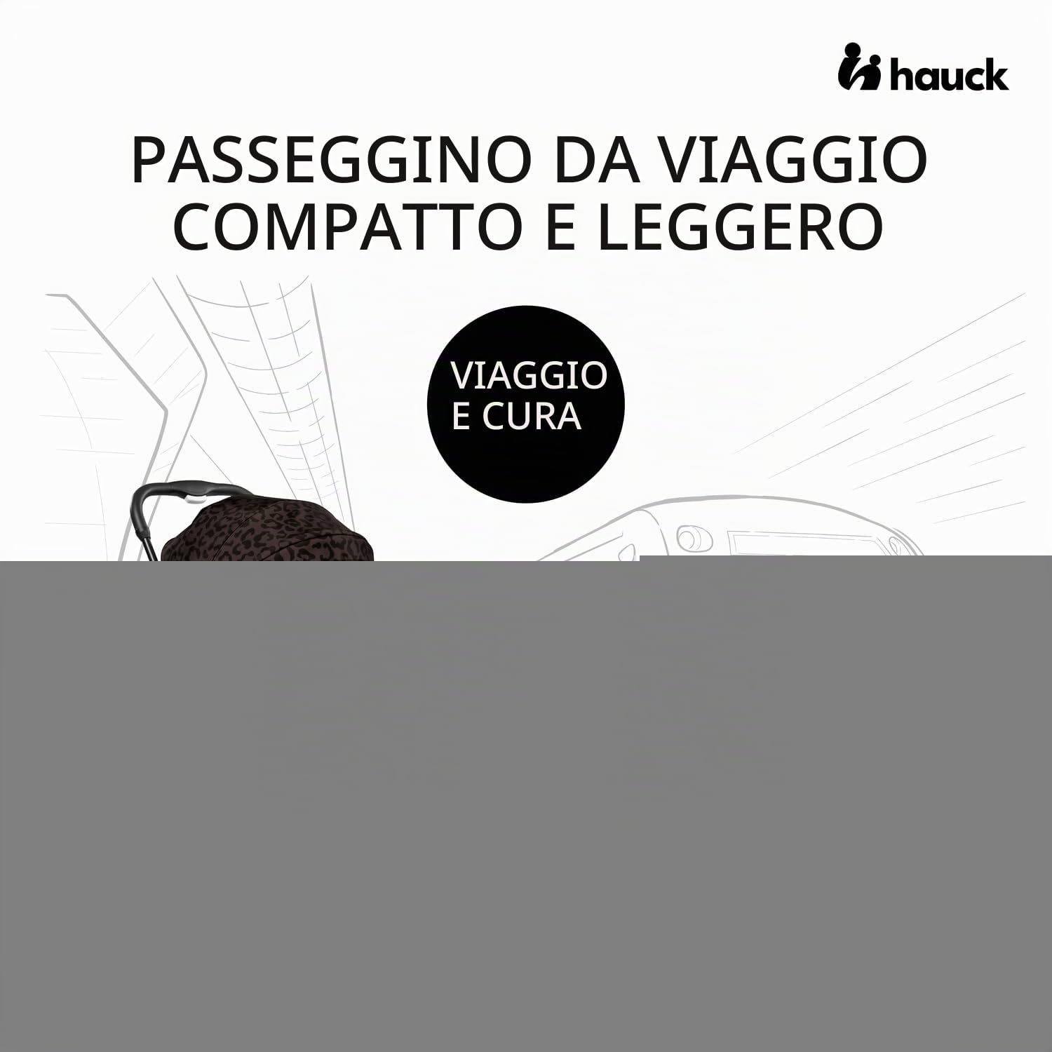 hauck Travel N Care, Leo Black - Passeggino da viaggio leggero con parapioggia, sospensione compatta e pieghevole, UPF 50+, completamente reclinabile dalla nascita fino a 22 kg, colore: Nero
