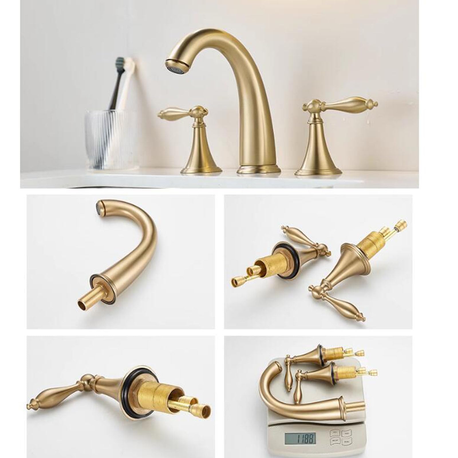 3 Agujeros de Dibujo de Oro Grifo de Baño de Latón 2 Lavamanos de Dibujo de Oro Grifo de Agua, FITLIN, Raskin,