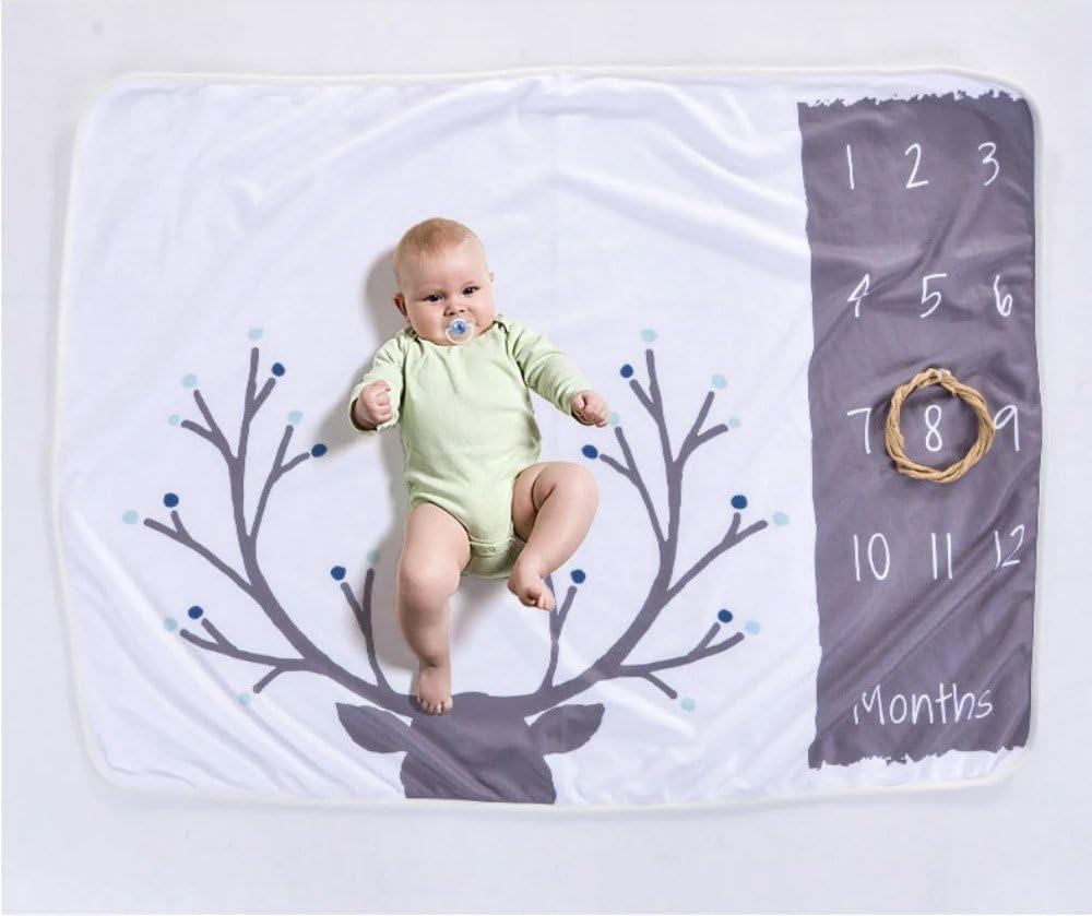 Quibine Baby Monthly Milestone Blanket,Polar Fleece Newborn Photography Background Photo Prop for 0-12 Months Growing Infants & Babies(Deer)