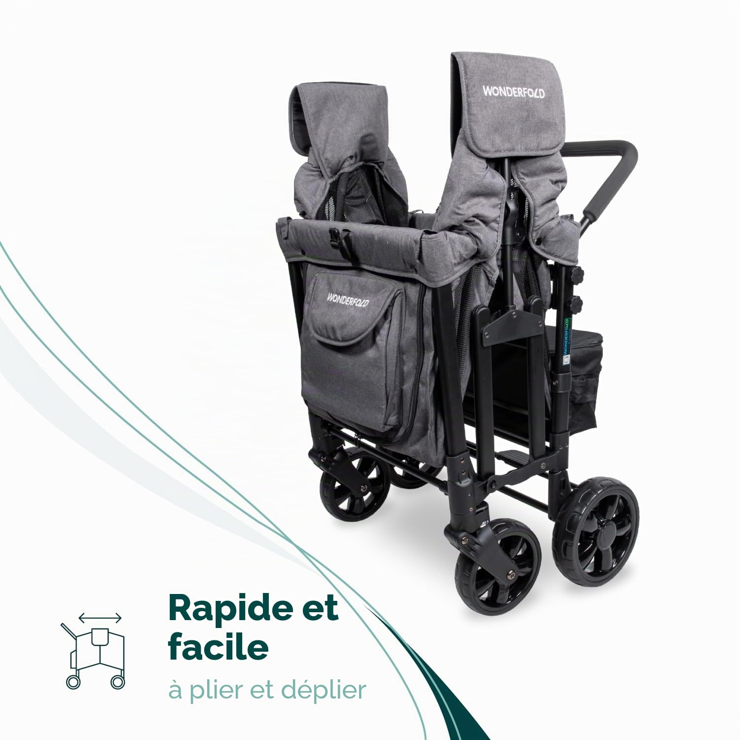 WONDERFOLD W4 Original Poussette (4 places) – Poussette pliable avec sièges avec harnais à 5 points, porte zippée facile d'accès et pare-soleil amovible, gris