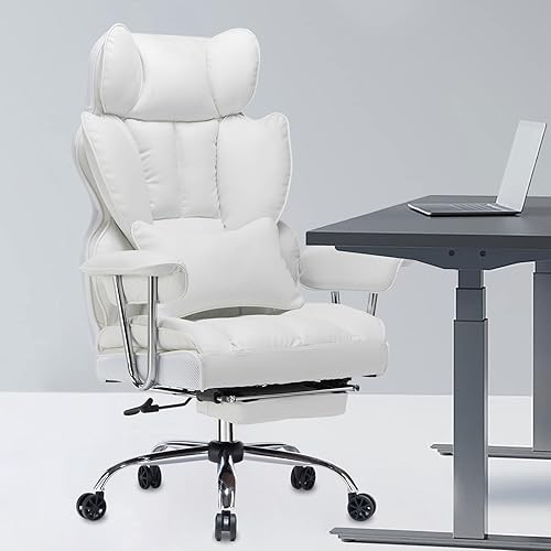 Efomao Desk Office Chair, Big and Tall PU Leather Ergonomic Office Chair, 200KG Adjustable High Back Computer Chair,Executive Swivel Chair with Footrest and Lumbar Support, White - Uk White