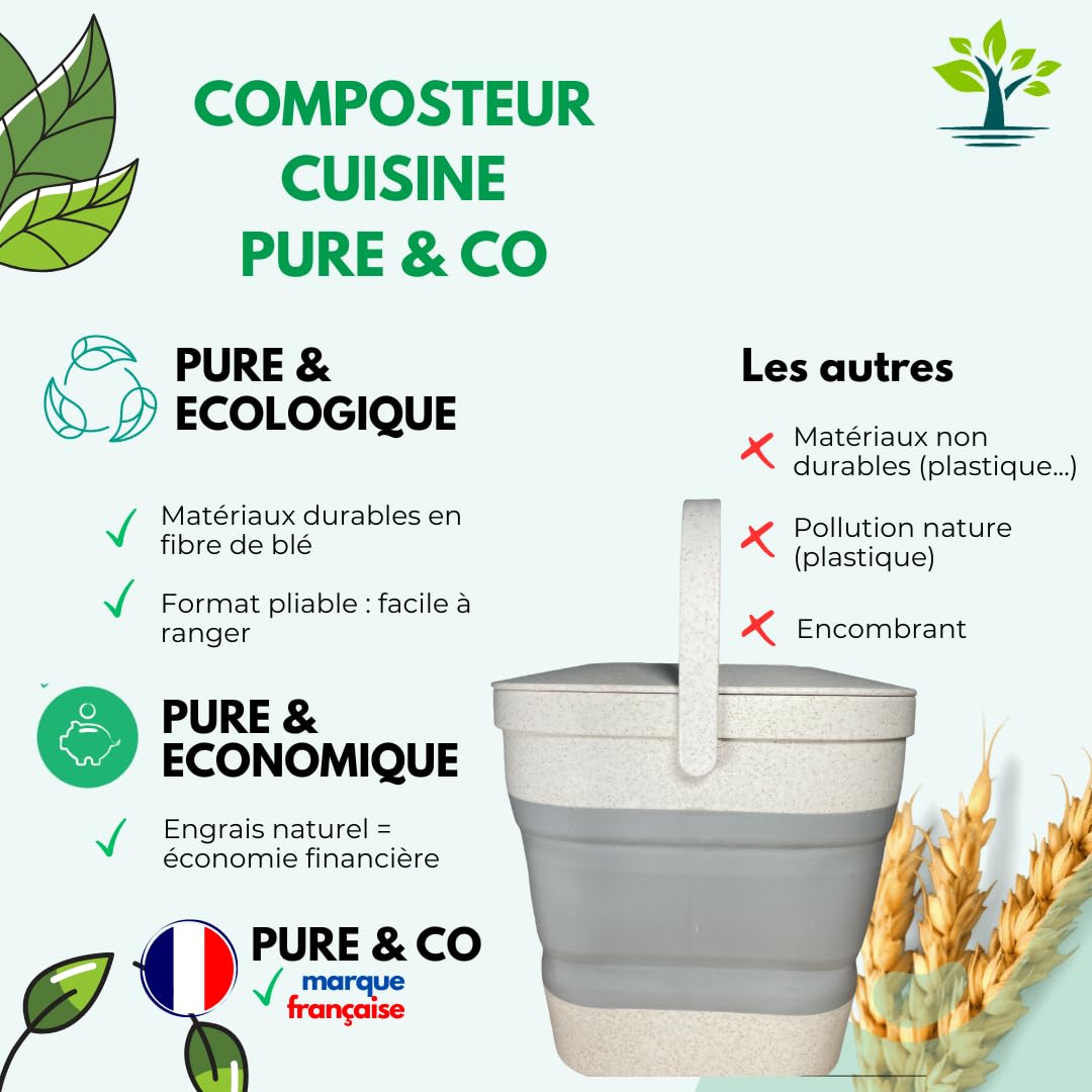 Pure&Co Composteur Cuisine Pliable 4L Poubelle Compost Anti Odeur Bioseau