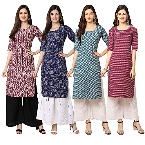 Image of Pinkmint Women's Crepe Digital Print Straight Kurta [Pack of 4] (CCV-334-338-339-335)