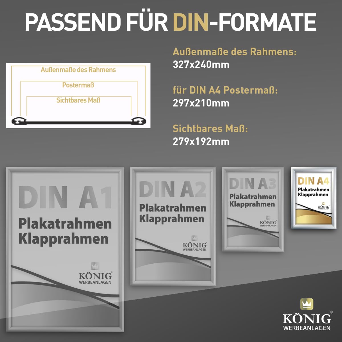 Dreifke 10 Plakatrahmen DIN A4 | 25mm Aluminium Profil, silber | inkl. entspiegelter Schutzscheibe | Alu Klapprahmen Wechselrahmen Posterrahmen | 10er Sparpack