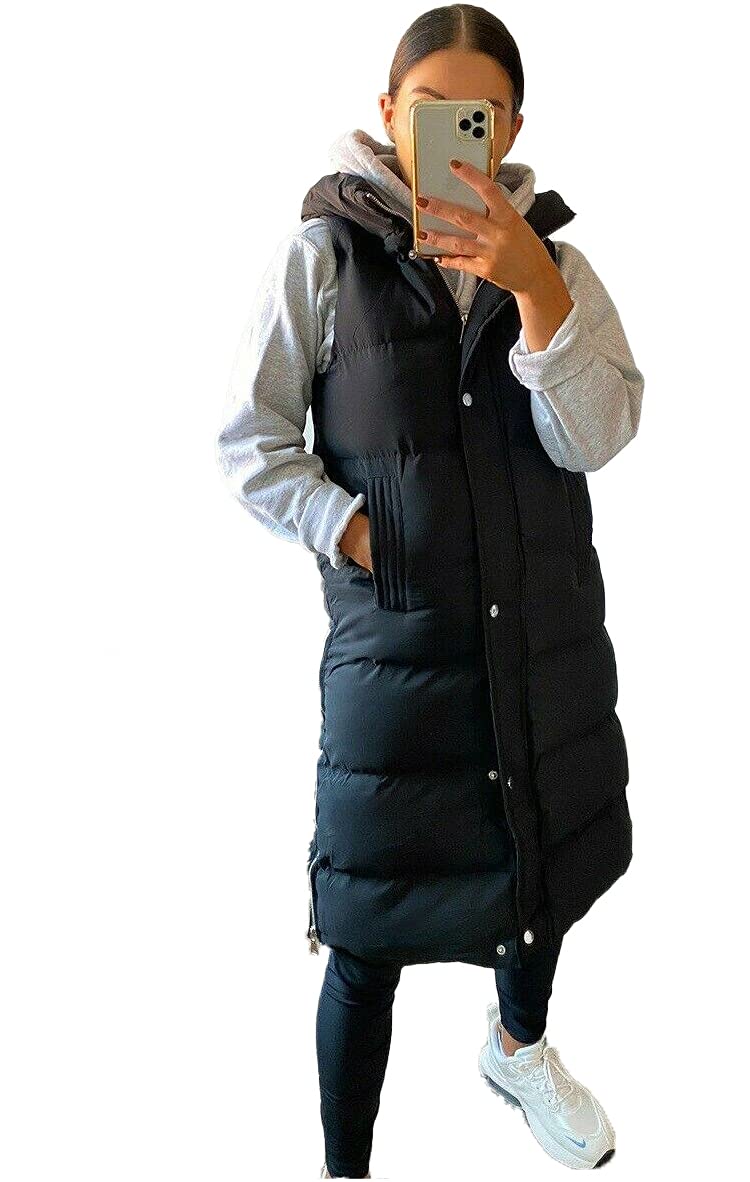 Flirty WardrobeLongline Hooded Quilted Gilet Waistcoat Zip Up Padded Winter Bodywarmer Jacket Vest Long Coat Womens Ladies