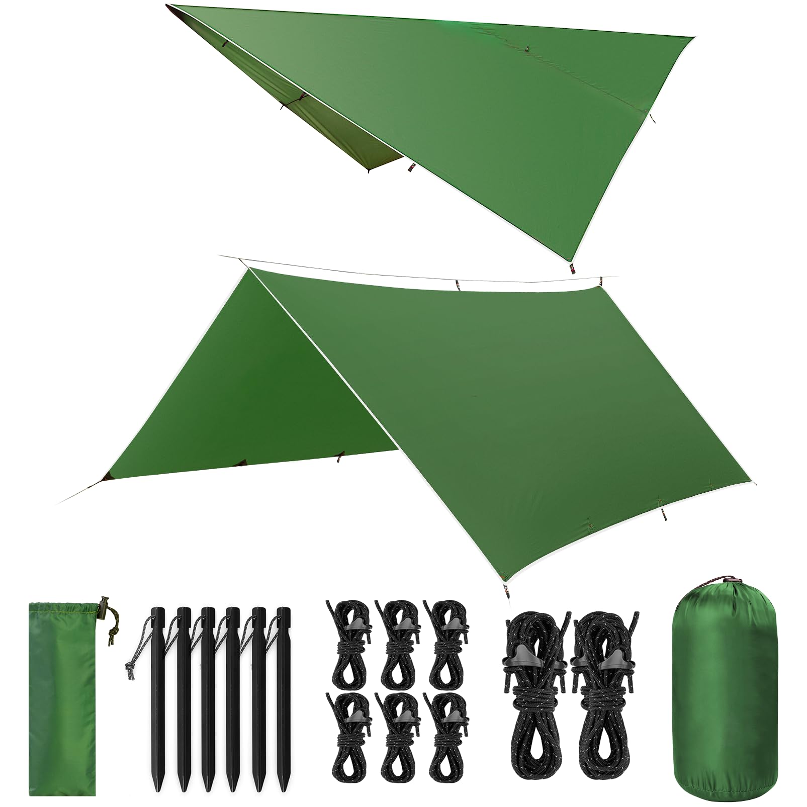 VOSOIR Tarp 3x3M Wasserdicht, Ultraleicht Camping Zeltplane, mit 9 Öse+6 Aluminiumstifte+8 Nylonseile, Anti-UV Schnee Regen Schutz, Leicht Kompakt, für Hängematte Camping Picknick(Hellgrün)