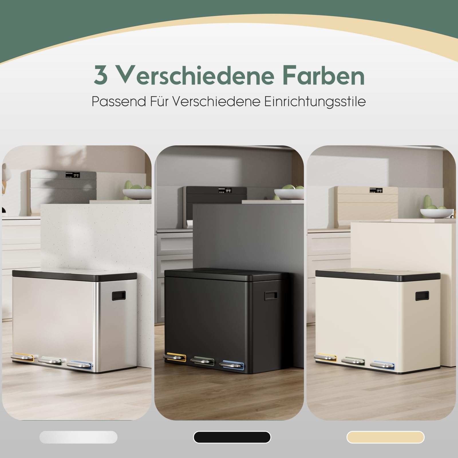 Clevich Mülltrennsystem 3×15L aus Stahl, Mülleimer 3 Fächer mit farbcodierten Pedalen, Abfalleimer mit Soft-Close-Deckeln und Inneneimern, Beige