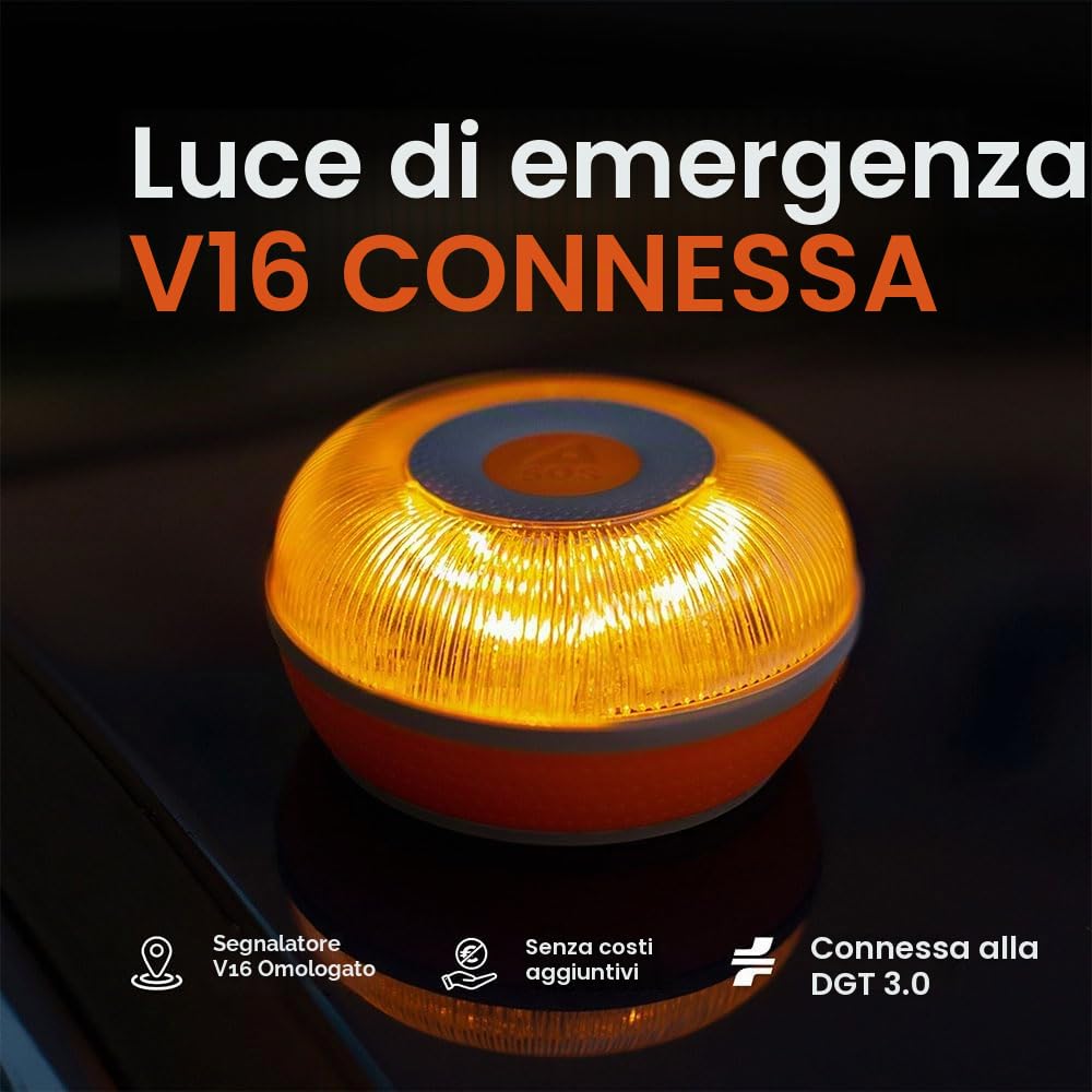 FLASH LED SOS - Luce di Emergenza V16 collegata, Omologata DGT 3.0 obbligatoria, SIM e Servizio Dati Inclusi Fino al 2038, Base Magnetica, Resistenza all'Acqua e alla Polvere IP54 + Set Mini Primo