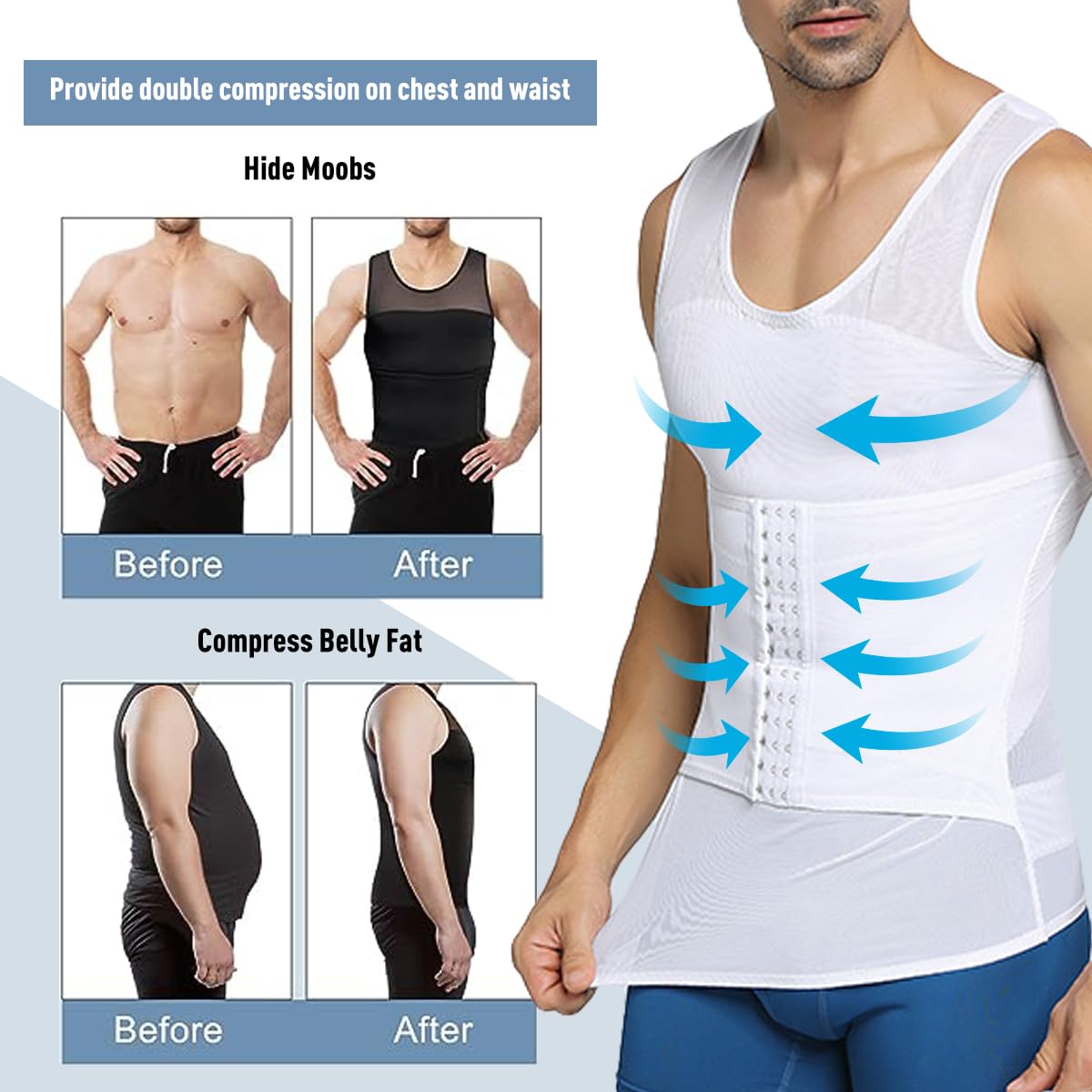 Casey Kevin Męski podkoszulek wyszczuplający brzuch, bielizna modelująca figurę, body Shaper dla mężczyzn, 3 rzędy zamknięcia