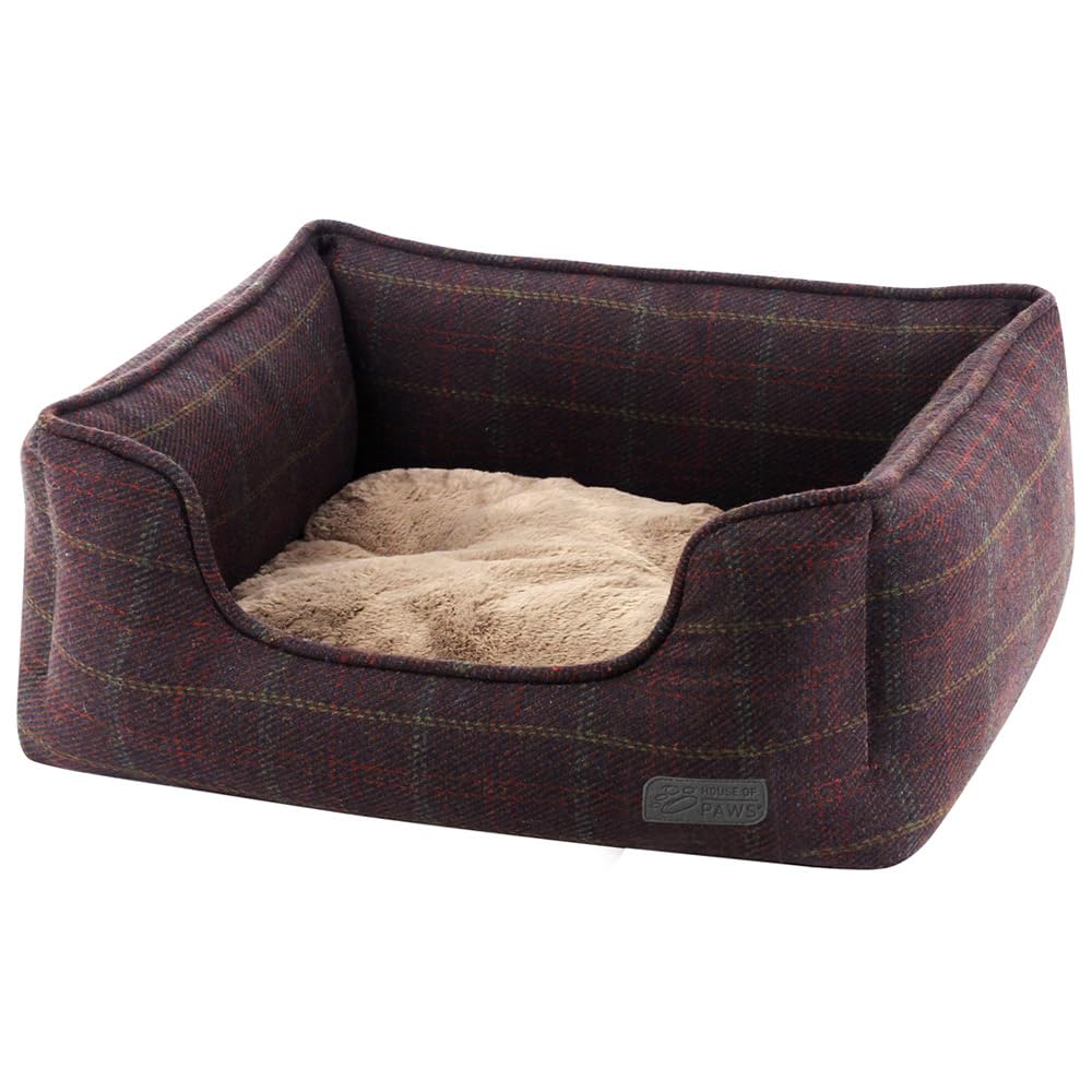 House of Paws Berry Tweed and Faux Fur Small Dog Bed - Machine Washable, Non-Slip Base and Removable Cushion