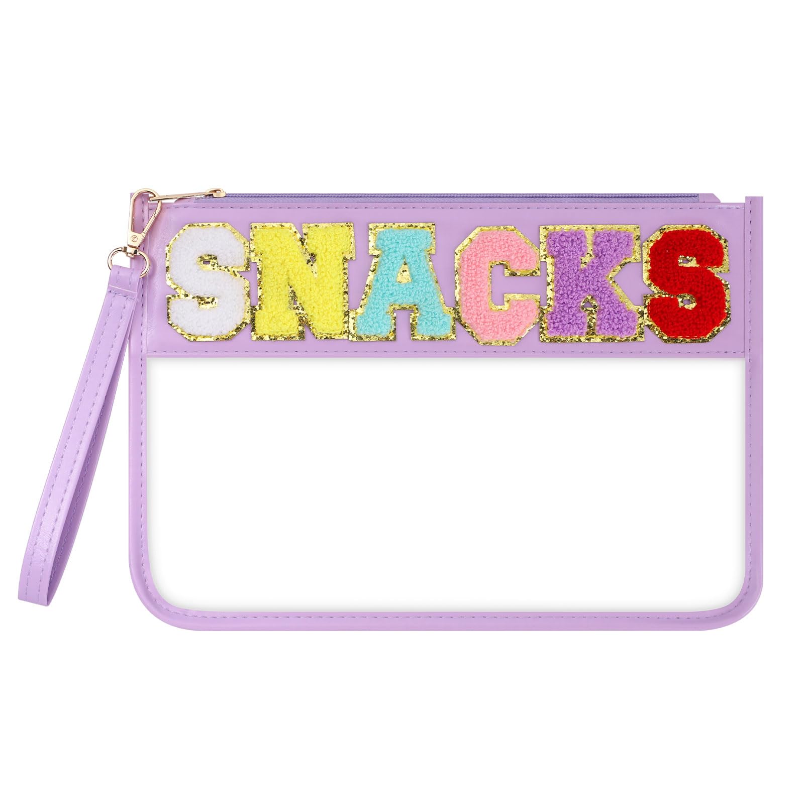 Narsikar Clear Snack Bag for Travel, Chenille Letter Clear Zipper Snacks Pouch Nylon Cosmetic Bag Makeup Travel Bag for Women