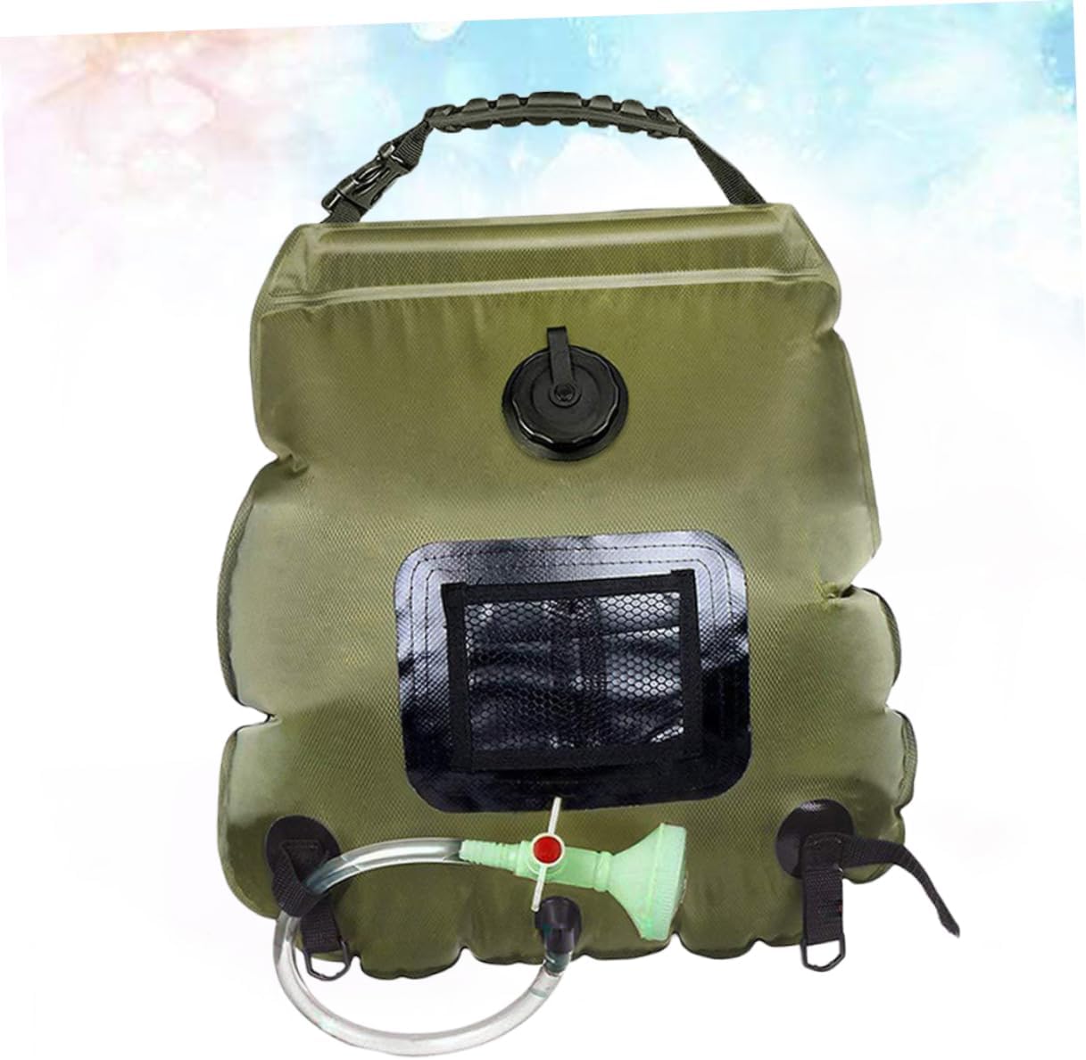 Solar Camping Shower Bag Outdoor Water Storage with Shower Nozzle for Hiking Beach Swimming Travel Portable with Temperature Display Olive Green