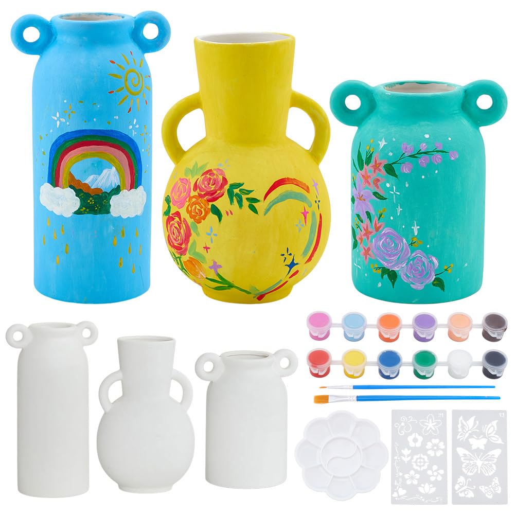 WEBEEDY Juego de 3 jarrones de cerámica para adultos, principiantes, jarrón de cerámica blanca de doble oreja con plantillas de flores de mariposa, pintura, pinceles, paletas, pinta tu propio jarrón