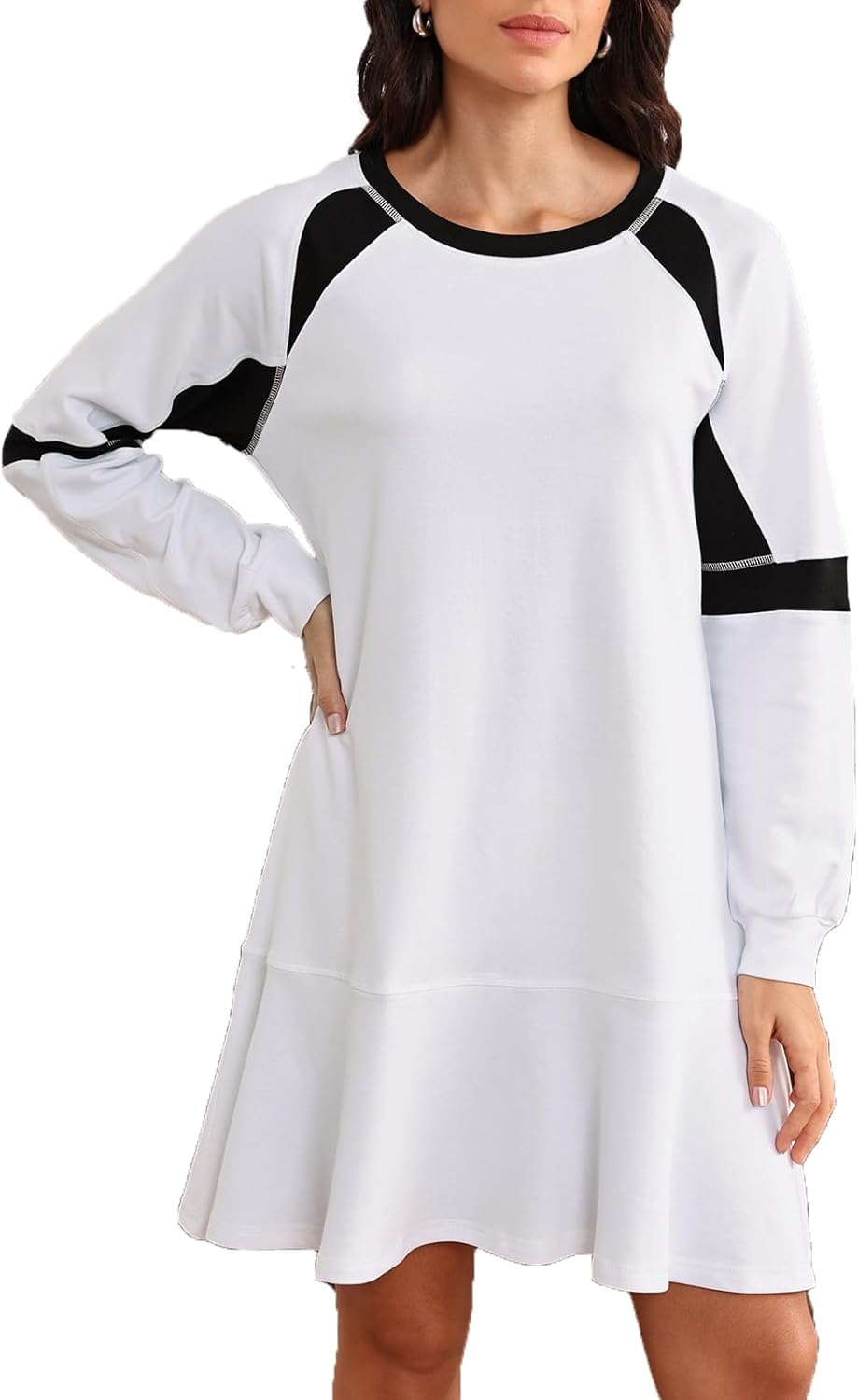 Ladyful Women's Sweatshirt Mini Dress Long Sleeve Casual Ruffle Flowy Loose Patchwork Athletic Outfits