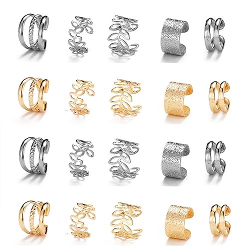 20 piezas de trenzas de cabello doradas plateadas, rastas, clip de oreja sin perforación, cuentas de barba, puños para el cabello para mujeres y