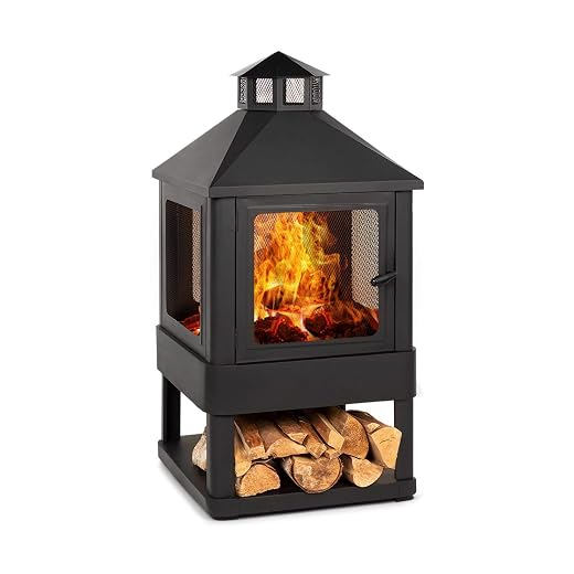 Blumfeldt Macondo Feuerstelle Gartenkamin Feuerlaterne Gartenofen, Feuerschale: 35 x 35 cm, Holzfach, FireView, Massive & stabile Konstruktion aus Stahl, schwarz